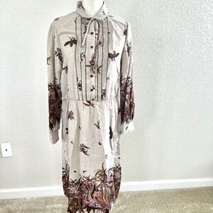 Vtg 70’s Sunshine Alley Brown Beige Floral Bird Print Dress Sz 16 With Tie Neck
